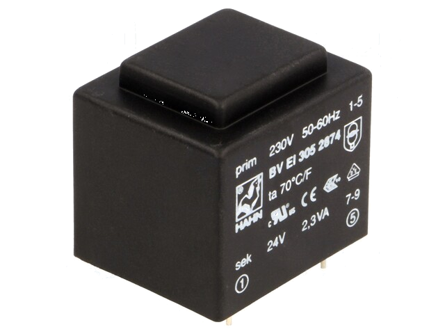 Transformator: ingegoten; 2,3VA; 230VAC; 24V; 96mA; PCB; BVEI Transformator: ingegoten; 2,3VA; 230VAC; 24V; 96mA; PCB; BVEI